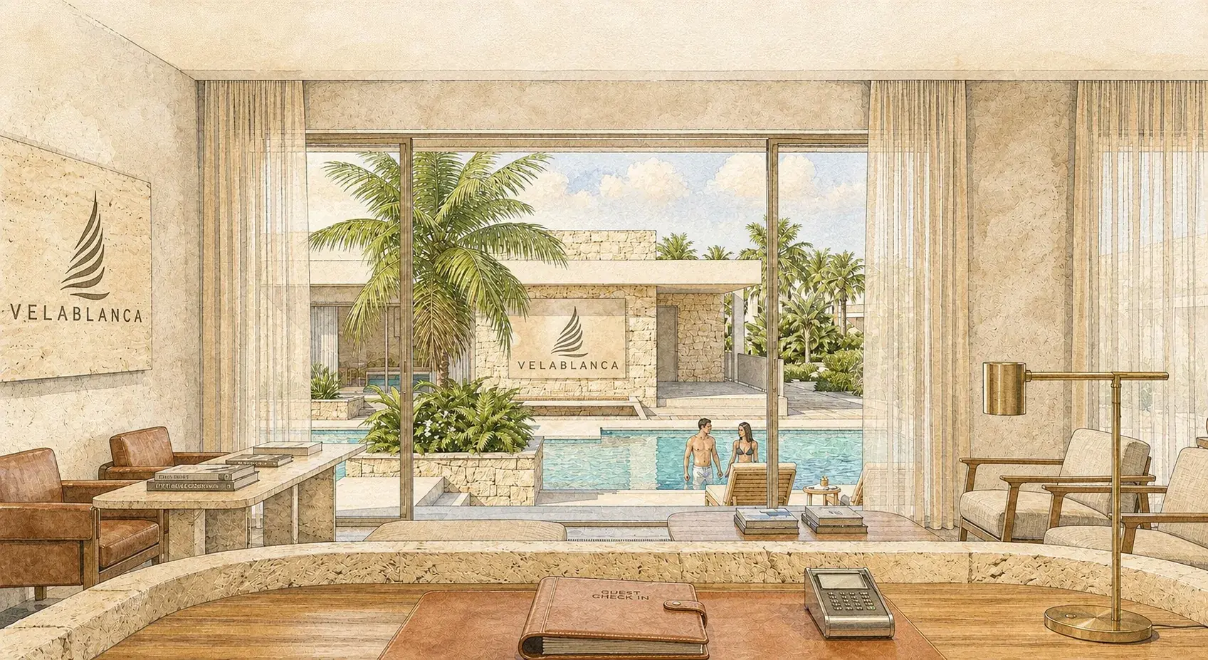 Interior de la casa club con vista a la piscina