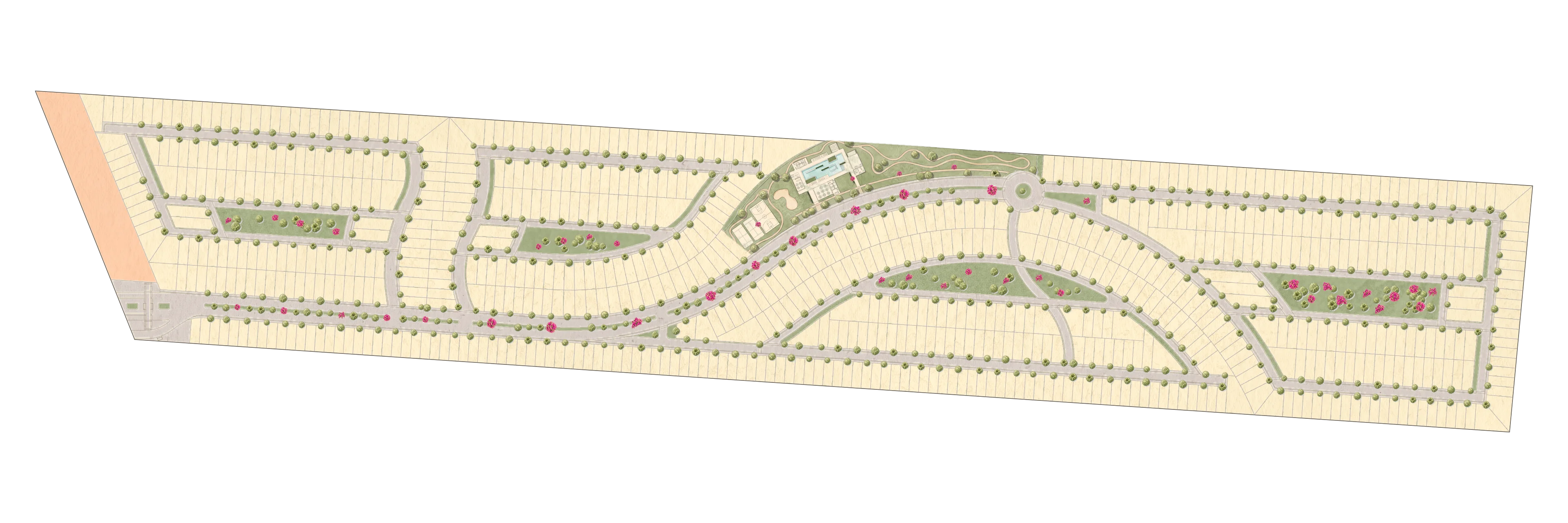 Masterplan de Velablanca con lotes, vialidades y áreas verdes